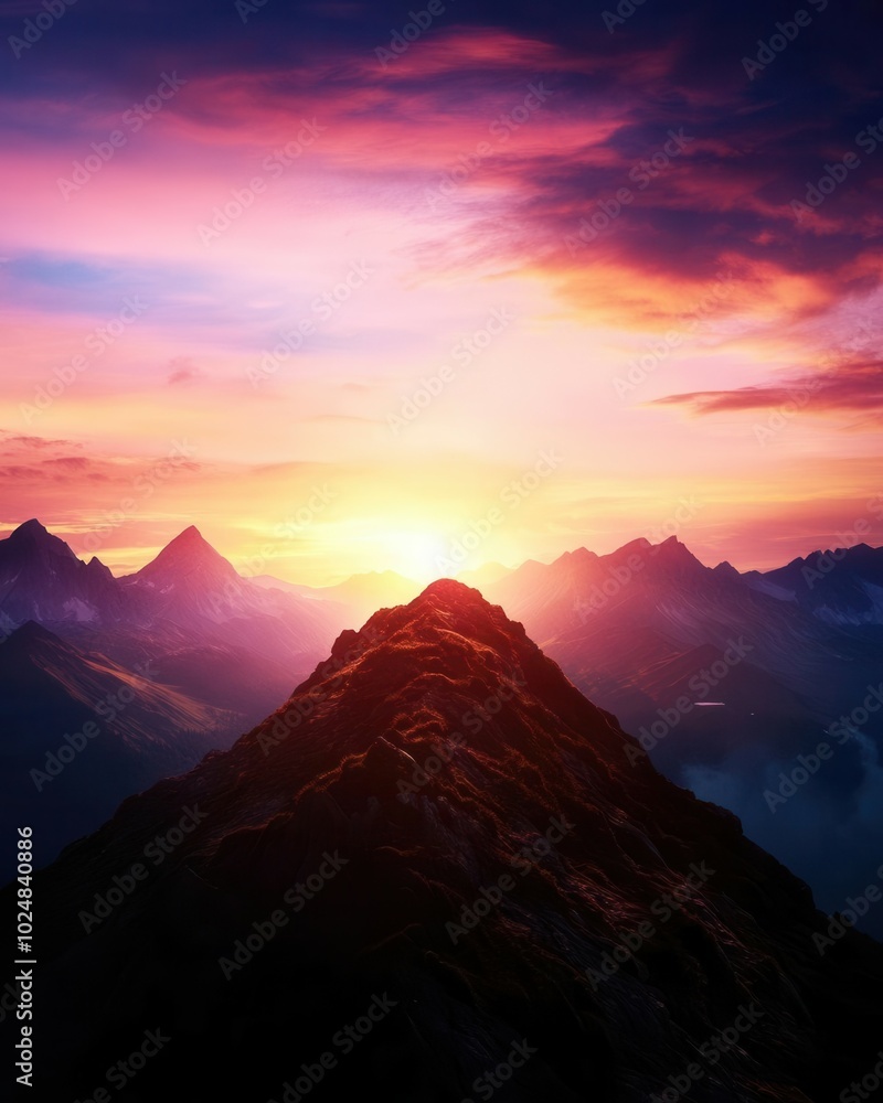 Obraz premium A breathtaking view of a majestic mountain peak silhouetted against a vibrant sunset sky. The dramatic colors and rugged terrain create an awe inspiring landscape perfect for adventure and exploration