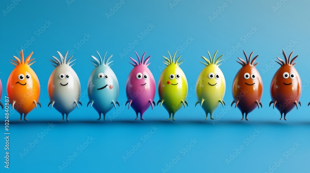 Cartoon-style bacteria characters with various shapes and expressions on a blue background. Cartoon-style bacteria characters with various shapes and expressions on a blue background.