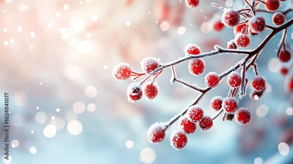 Close-up of frost-covered berries with a blurred winter background, room for text or designs Close-up of frost-covered berries with a blurred winter background, room for text or designs