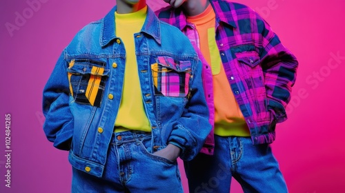 Wallpaper Mural 90s fashion items: flannel shirts and denim jackets with neon accents Torontodigital.ca