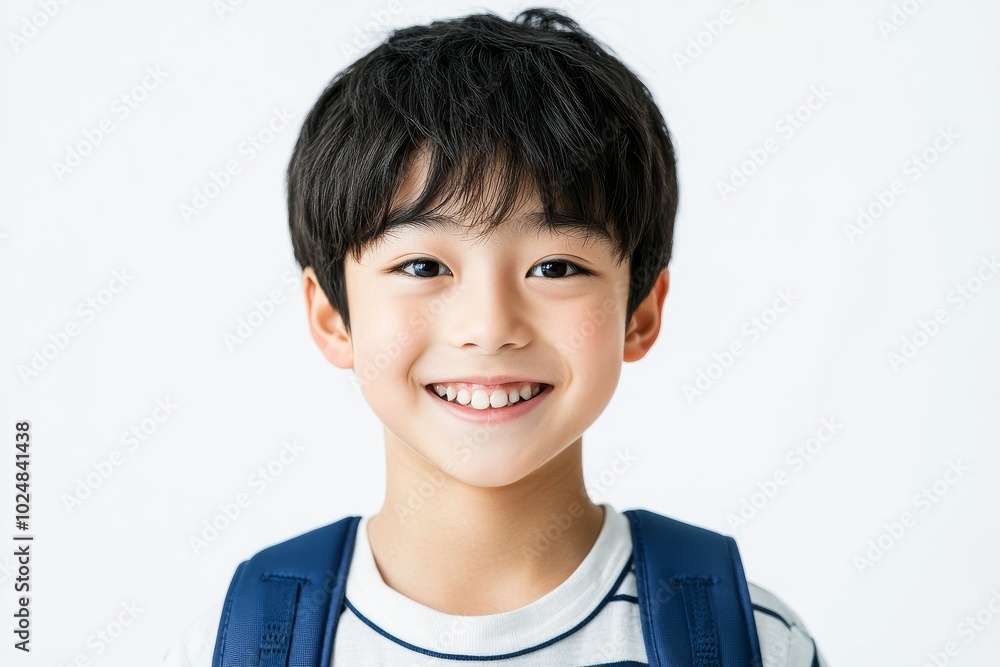 The schoolbag of a teenage Asian student on a white background, a happy student returning to school The schoolbag of a teenage Asian student on a white background, a happy student returning to school