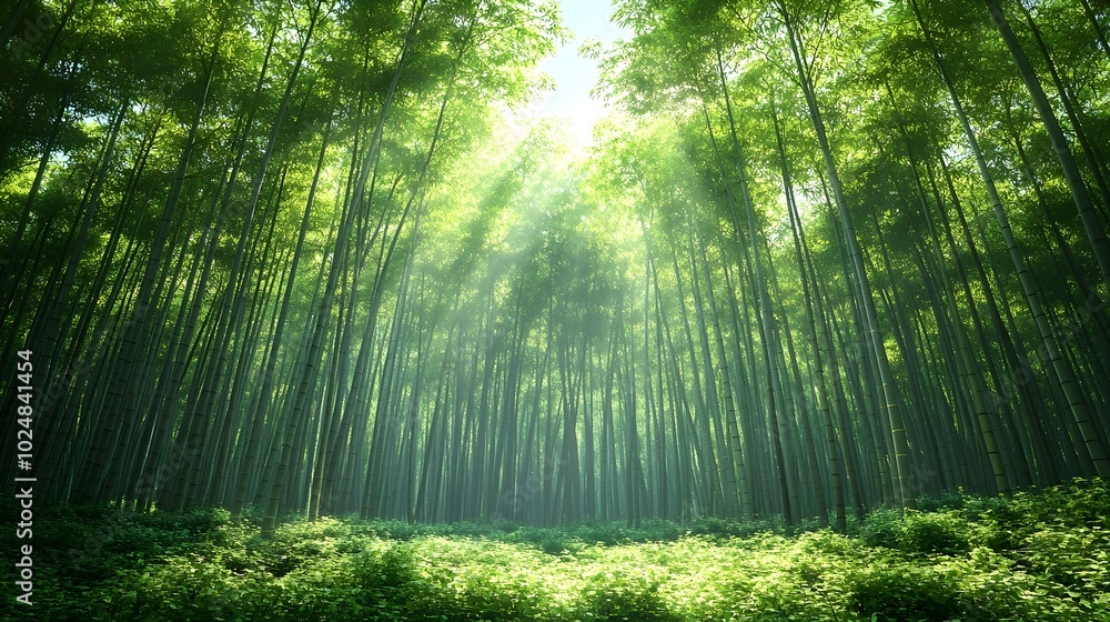 Naklejka premium Sunlight streams through a dense bamboo forest, creating a serene and mystical atmosphere.