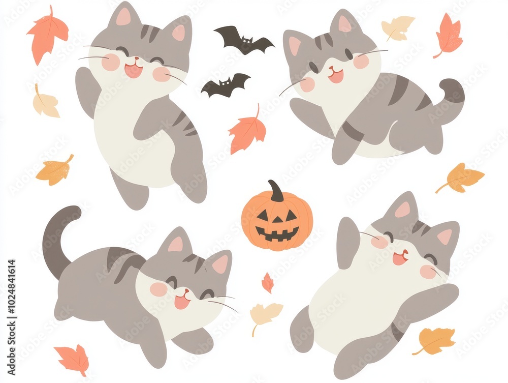 Black and white Halloween illustration with cartoon cats and pumpkins. Black and white Halloween illustration with cartoon cats and pumpkins.