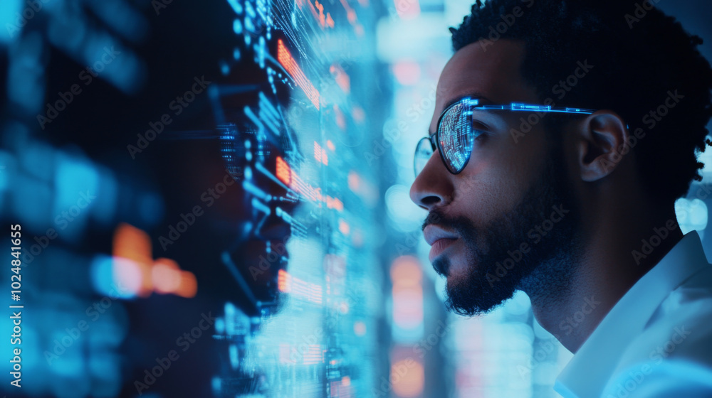 African american man in glasses analyzing digital data on screen in dark room African american man in glasses analyzing digital data on screen in dark room