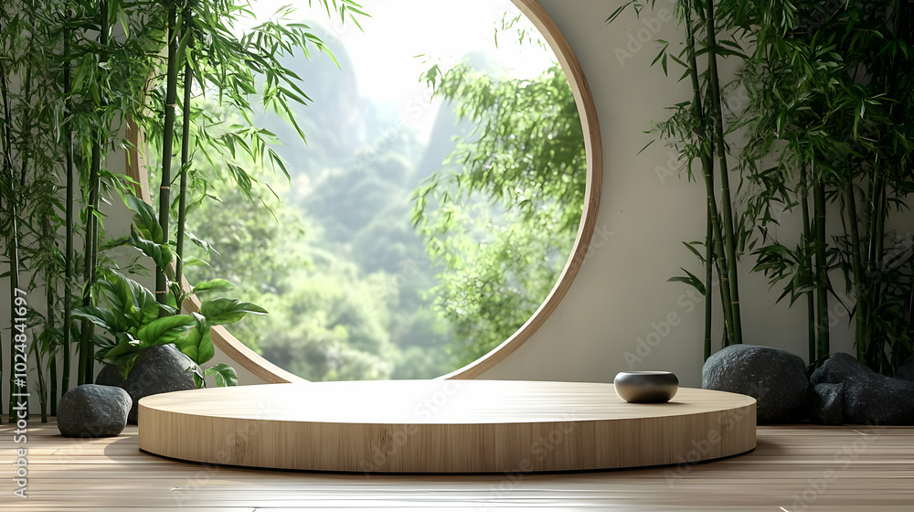 Serene interior with circular window and natural elements. Serene interior with circular window and natural elements.