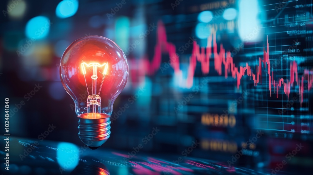 A glowing light bulb in front of a blurred background of a stock market chart. A glowing light bulb in front of a blurred background of a stock market chart.