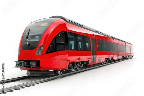 Modern red train on white background, sleek design, 3D illustrat