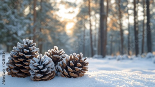 Close-up of frosty pine cones on a snowy forest floor, with ample space for copy