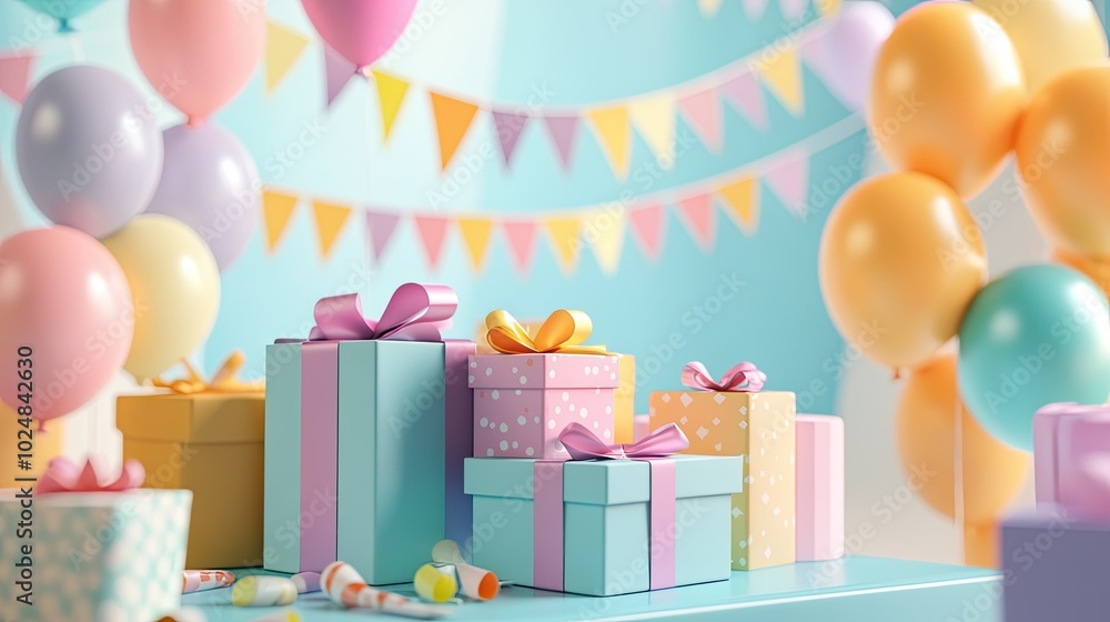 A table filled with a cheerful pile of brightly colored presents, with a festive party backdrop of balloons, banners, and a 3D illustration vibe. A table filled with a cheerful pile of brightly colored presents, with a festive party backdrop of balloons, banners, and a 3D illustration vibe.