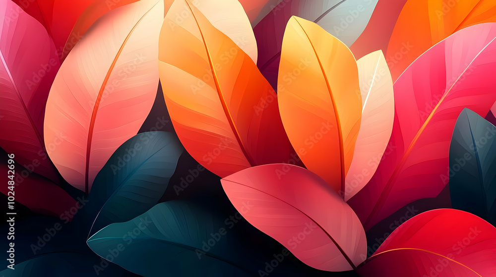 Vibrant leaves in shades of red, orange, and teal create a lively pattern. Vibrant leaves in shades of red, orange, and teal create a lively pattern.