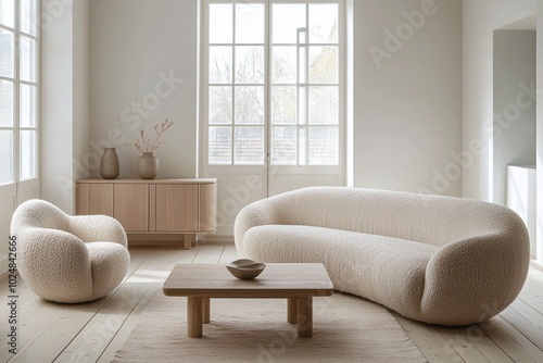 A minimalist, japandi interior in a living room with plaid windows and boucle sofas. Generative AI 