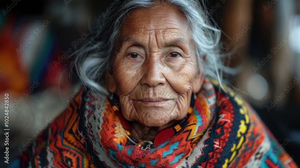 A wise elder wrapped in a vibrant traditional blanket gazes thoughtfully into the distance. Generative AI A wise elder wrapped in a vibrant traditional blanket gazes thoughtfully into the distance. Generative AI