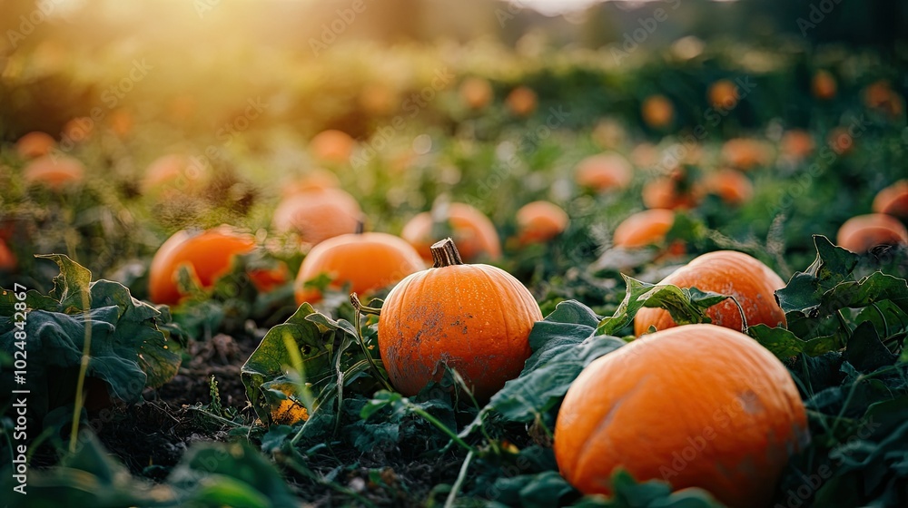 Close-up of ripe orange pumpkins in a farm field, with open background space for copy Close-up of ripe orange pumpkins in a farm field, with open background space for copy