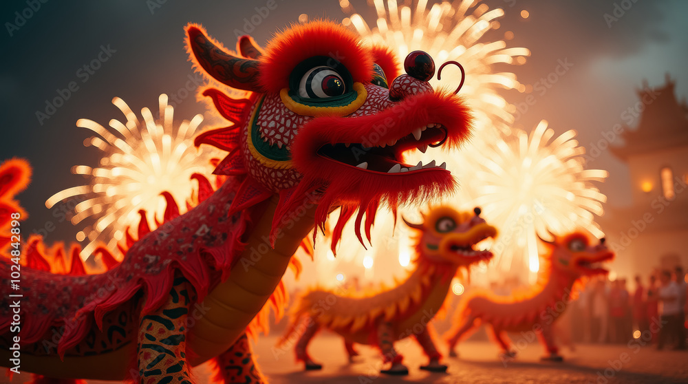 Fototapeta premium Festivities for Lunar New Year unfold as colorful dragon costumes perform energetic dances, accompanied by brilliant fireworks lighting up the night sky, creating a lively celebration