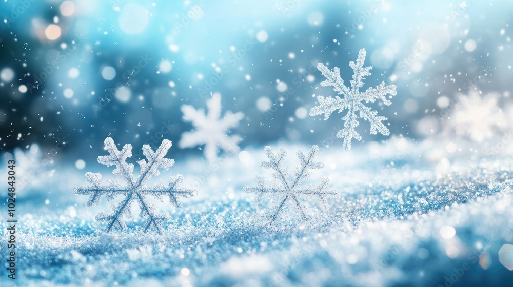 Close-up of snowflakes on a frosty surface with blurred background for copy space Close-up of snowflakes on a frosty surface with blurred background for copy space