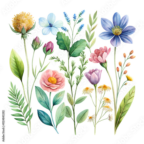 Fototapeta Naklejka Na Ścianę i Meble -  Watercolor wildflowers and leaves illustration set,,Beautiful floral set with watercolor hand drawn,Stock illustration,wild plants, flowers. Garden, meadow