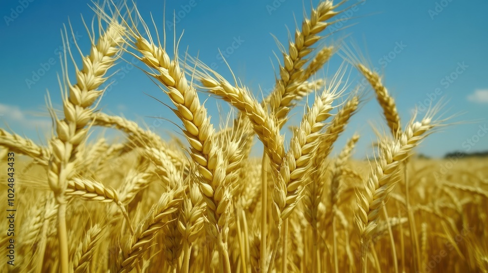 Close-up of wheat stalks swaying in the wind, with room for copy in the surrounding sky and field Close-up of wheat stalks swaying in the wind, with room for copy in the surrounding sky and field