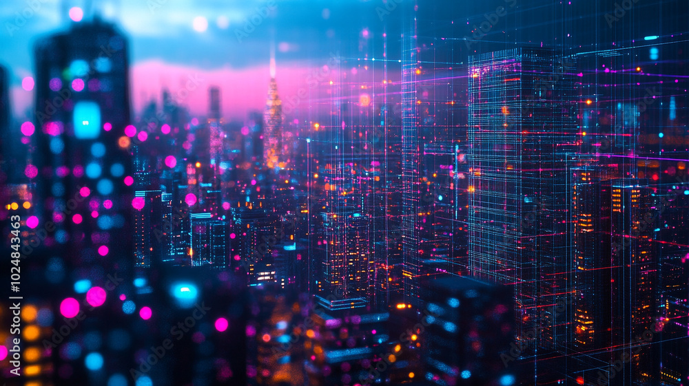 A vibrant and futuristic urban skyline illuminated by colorful lights at dusk A vibrant and futuristic urban skyline illuminated by colorful lights at dusk