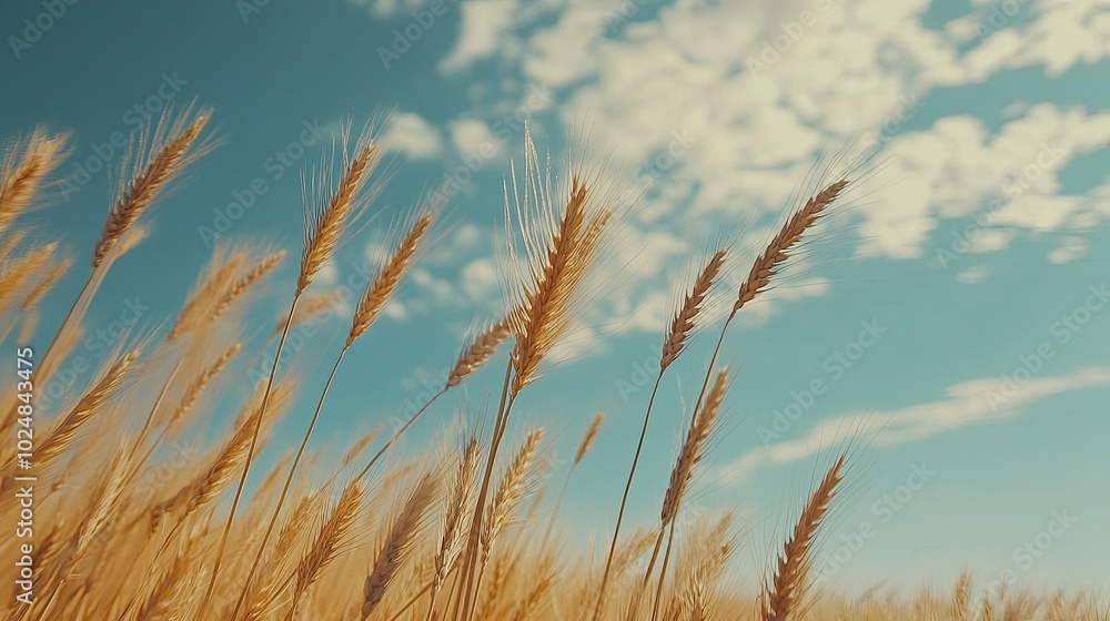 Close-up of wheat stalks swaying in the wind, with room for copy in the surrounding sky and field Close-up of wheat stalks swaying in the wind, with room for copy in the surrounding sky and field