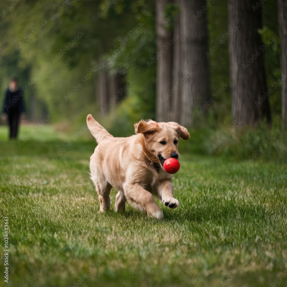 A golden retriever puppy happily runs through the grass, carrying a red ball in its mouth during playtime A golden retriever puppy happily runs through the grass, carrying a red ball in its mouth during playtime