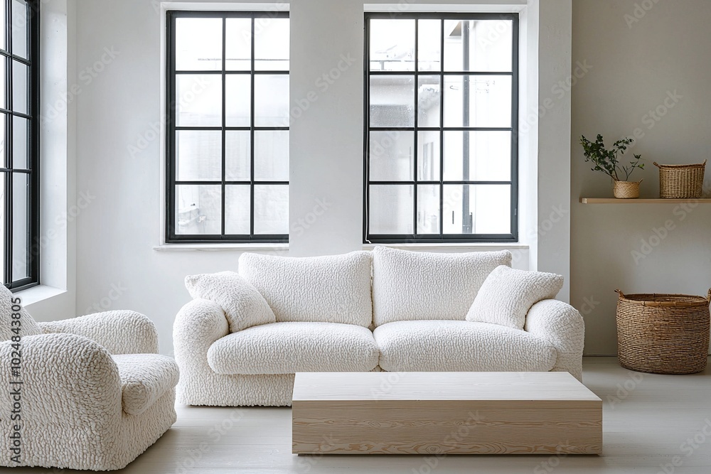Obraz premium A minimalist, japandi interior in a living room with plaid windows and boucle sofas. Generative AI 