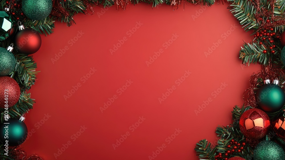 Simple and bright red and green Christmas-themed background with room for copy, surrounded by holiday baubles and tinsel. Simple and bright red and green Christmas-themed background with room for copy, surrounded by holiday baubles and tinsel.