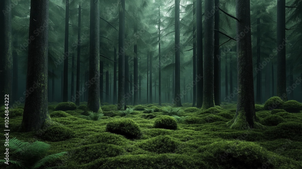 Obraz premium Dense forest with tall, dark trees and lush green moss covering the forest floor, creating a tranquil and mysterious atmosphere.