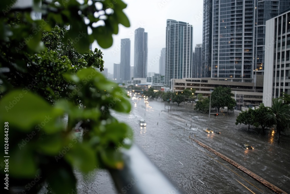 An urban street is heavily flooded due to a rainstorm, with vehicles and buildings partially submerged, highlighting the challenges faced by cities during severe weather. An urban street is heavily flooded due to a rainstorm, with vehicles and buildings partially submerged, highlighting the challenges faced by cities during severe weather.
