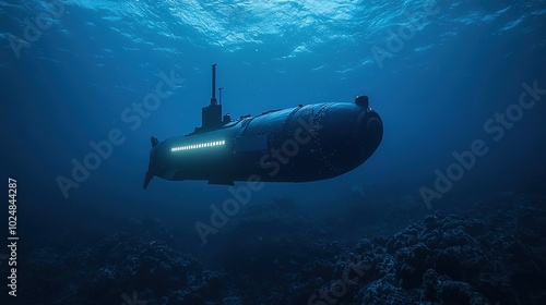 A submarine glides through deep blue waters, illuminated by soft lights, revealing the serene beauty of the underwater world.