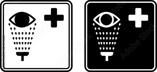Medical Eye Wash Signs. Black and White Vector Icons. Industrial Safety Sign. Chemical Splash First Aid Emergency