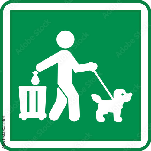 Green Sign Please Clean Up After Your Dog Poop. Vector Icon. Warning Sign. Man Throwing Bag Of Dog Feces Into Trash Can