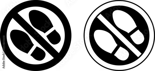 No Shoes Please Signs. Black and White Vector Icons. Round Prohibition Sign. Request To Remove Shoes Indoors