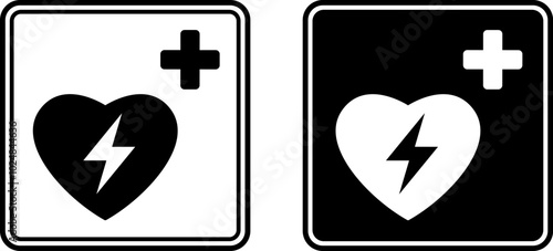 Signs Defibrillator. Black and White Vector Icons. First Aid Sign. Automatic External Cardiac Defibrillator. Emergency Safety, Medical Equipment