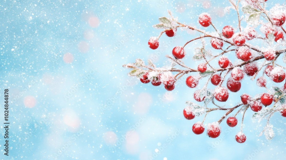 Frost-covered berries on a branch against a snowy background, with room for copy space Frost-covered berries on a branch against a snowy background, with room for copy space