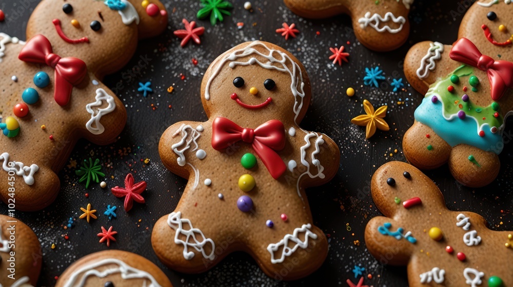 A close-up view of gingerbread men cookies decorated with icing, sprinkles, and candies. A close-up view of gingerbread men cookies decorated with icing, sprinkles, and candies.