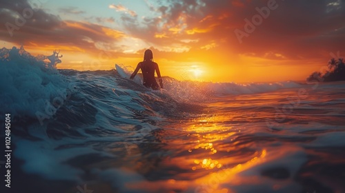 A serene sunset surf session as waves crash around a silhouetted figure on a tranquil beach. Generative AI