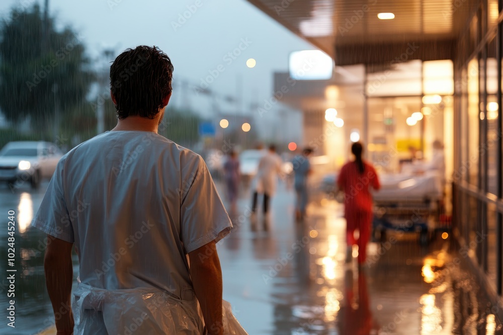 Fototapeta premium A medical professional stands outside a hospital under heavy rain, highlighting dedication and urgency. The scene captures the challenges of healthcare workers.