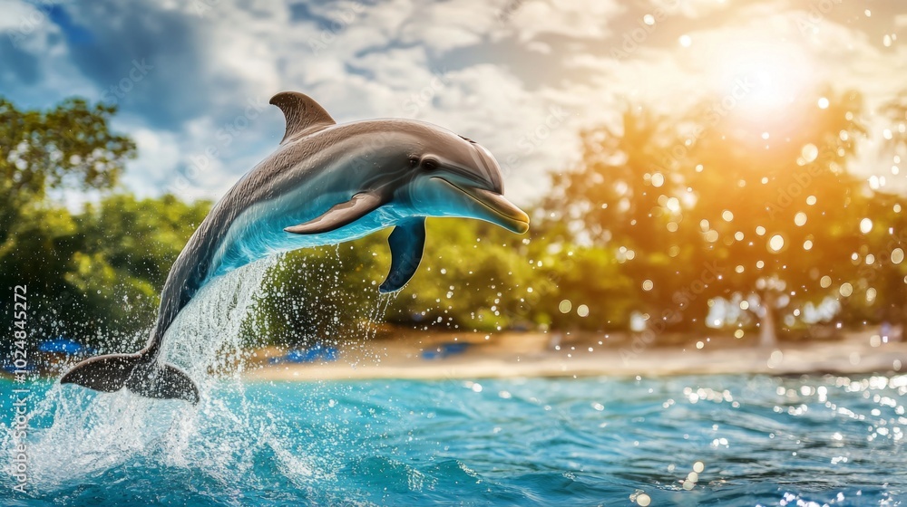 Obraz premium Playful Dolphin Jumping through Water Splash