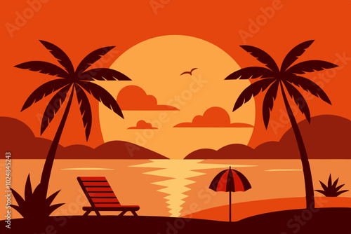 Summer tropical sunset illustration background with palm trees.