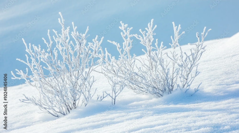 Frost-covered plants on a snowy hillside with large blank space for text or designs Frost-covered plants on a snowy hillside with large blank space for text or designs