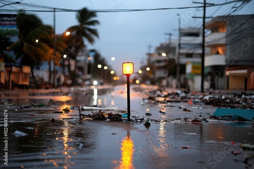 A flood-lit street post-storm stages a scene of scattered debris surrounded by reflective water, capturing the surreal beauty and raw power of nature's aftermath. photo