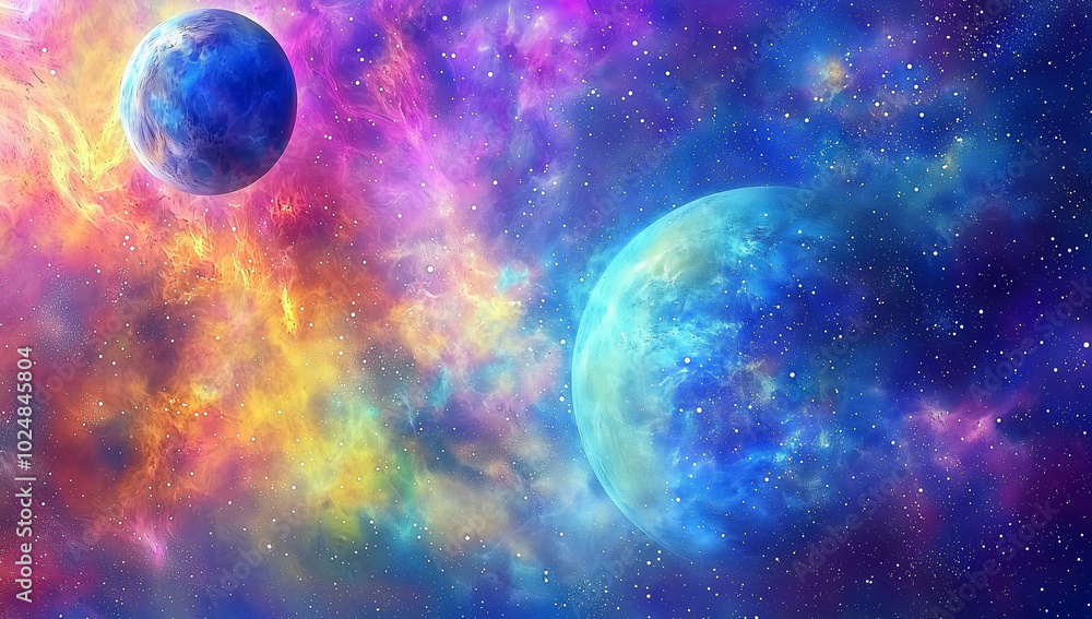 Obraz premium A captivating piece of space art, depicting celestial bodies, galaxies, and vibrant cosmic colors. This artwork inspires wonder and curiosity about the universe and the mysteries of space.