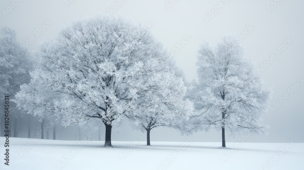 A group of trees covered in frost stand in a snowy field with fog in the background. A group of trees covered in frost stand in a snowy field with fog in the background.