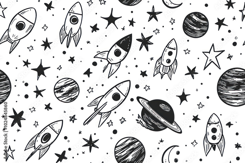 Seamless pattern with doodle space, stars, rockets, planets. Seamless pattern with doodle space, stars, rockets, planets.
