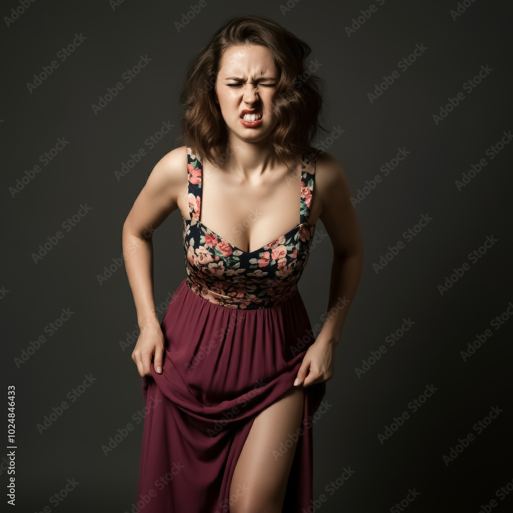 Beautiful sexy woman in a casual everyday dress, woman lifting up her dress. Her face was tense as if he was about to explode. The concept of needing to urinate or the concept of having to defecate. Beautiful sexy woman in a casual everyday dress, woman lifting up her dress. Her face was tense as if he was about to explode. The concept of needing to urinate or the concept of having to defecate.