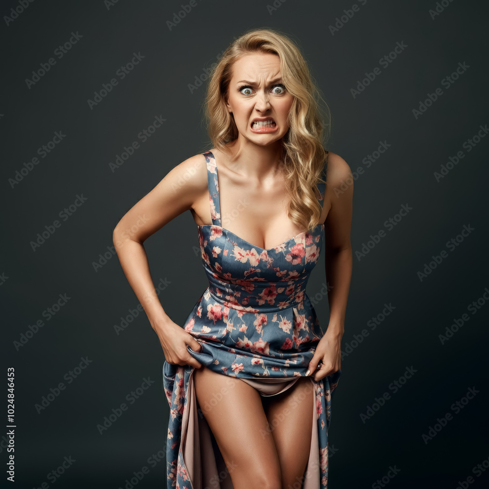 Beautiful sexy woman in a casual everyday dress, woman lifting up her dress. Her face was tense as if he was about to explode. The concept of needing to urinate or the concept of having to defecate. Beautiful sexy woman in a casual everyday dress, woman lifting up her dress. Her face was tense as if he was about to explode. The concept of needing to urinate or the concept of having to defecate.