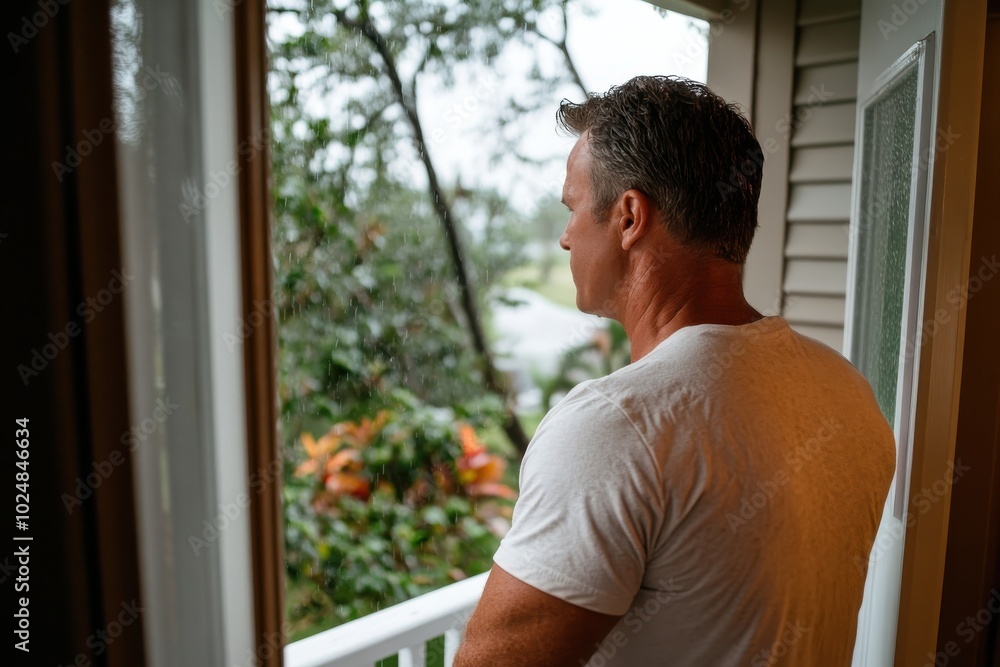 A side profile of a man in a rain-soaked shirt on a balcony, surrounded by vibrant greenery, reflecting on life's beauty and challenges in solitude. A side profile of a man in a rain-soaked shirt on a balcony, surrounded by vibrant greenery, reflecting on life's beauty and challenges in solitude.