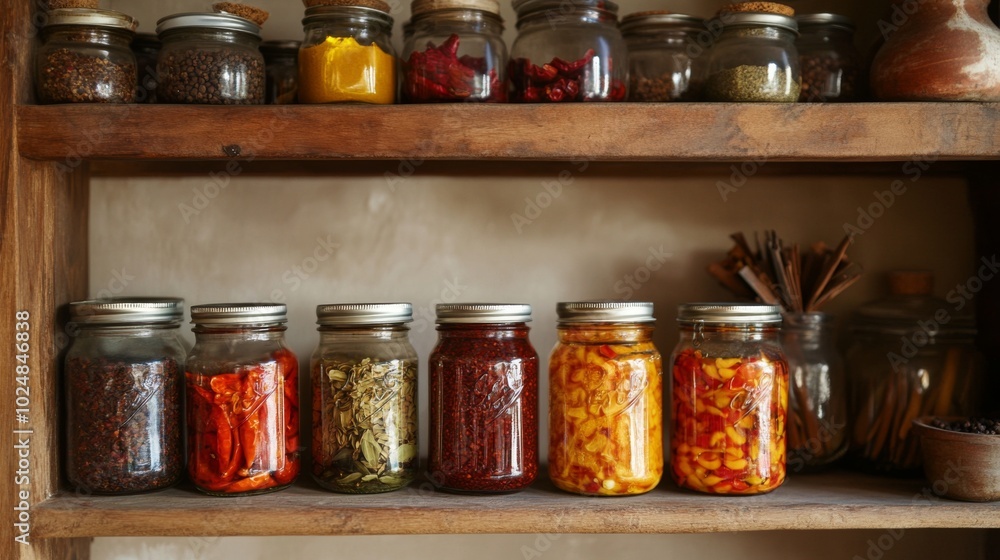 Colorful Jars of Preserved Ingredients on Wooden Shelf Colorful Jars of Preserved Ingredients on Wooden Shelf