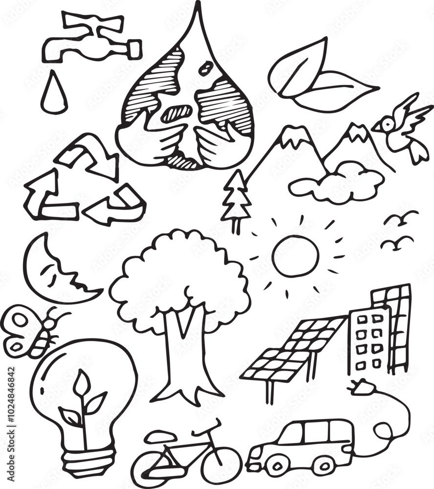 Save the earth, globe, recycle symbol in simple drawing doodle style. Save the earth, globe, recycle symbol in simple drawing doodle style.