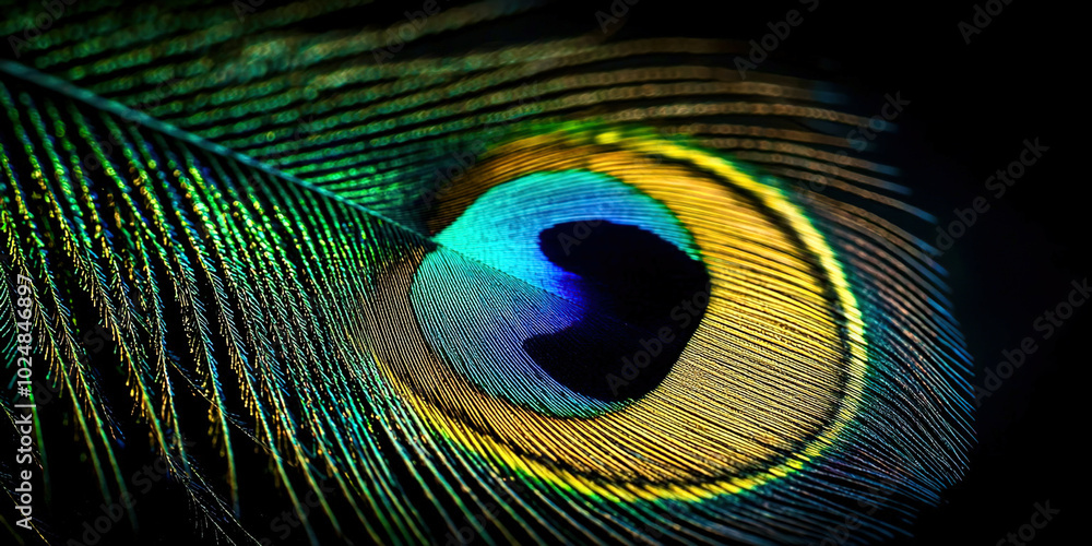 Naklejka premium A close up of a peacock feather with a blue and yellow center